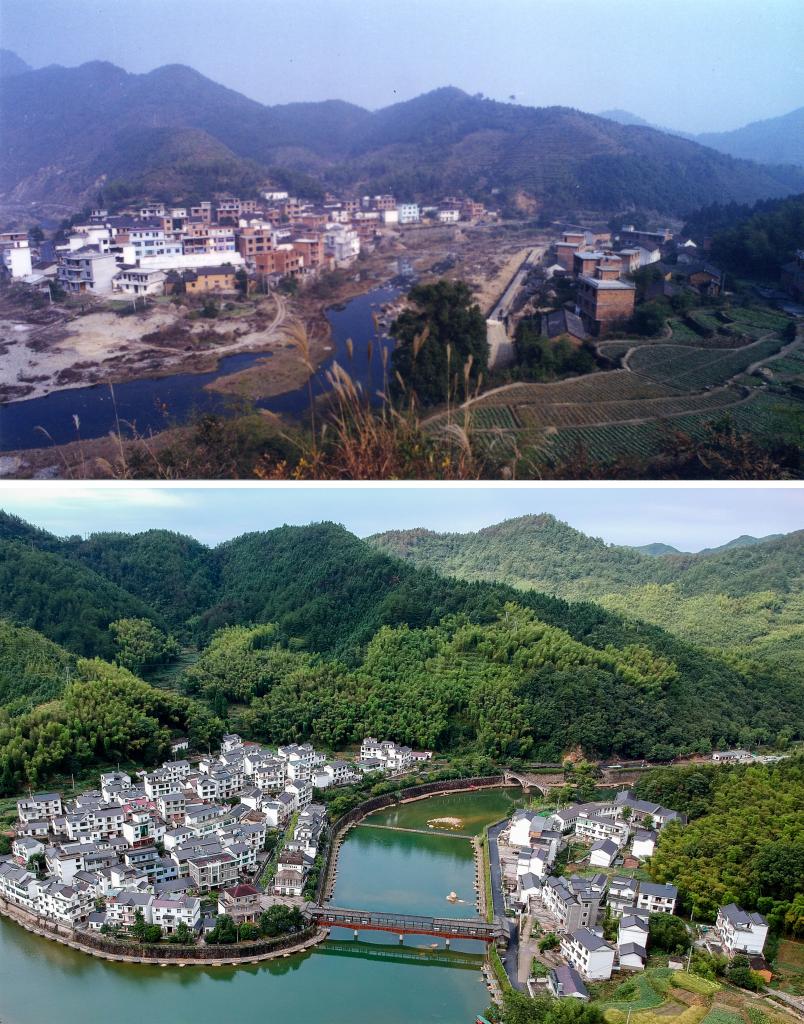 圖為浙江省杭州市淳安縣楓樹嶺鎮(zhèn)下姜村拼版圖，其中上圖為資料照片、下圖由新華社記者張鋮攝。